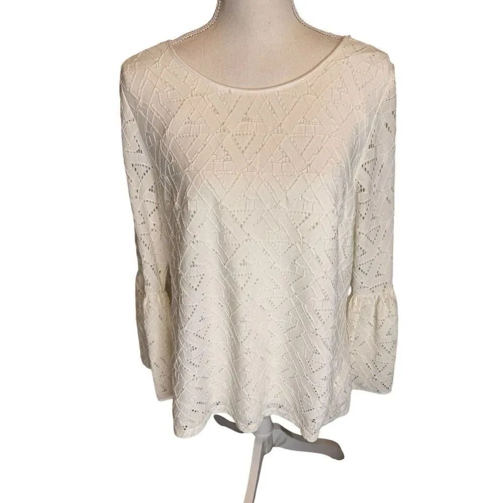 CALVIN KLEIN Womens Size Small Large Lace Bell Sleeve Blouse Top Lined Back Zip